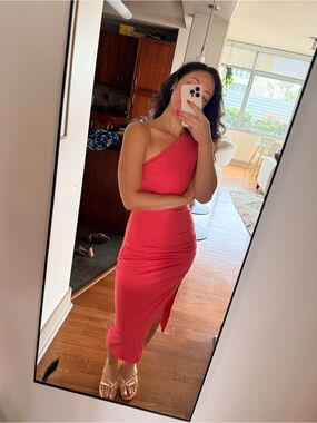 Sarin Mathews Women's One Shoulder Ruched Bodycon Midi Dress - Hot Pink
